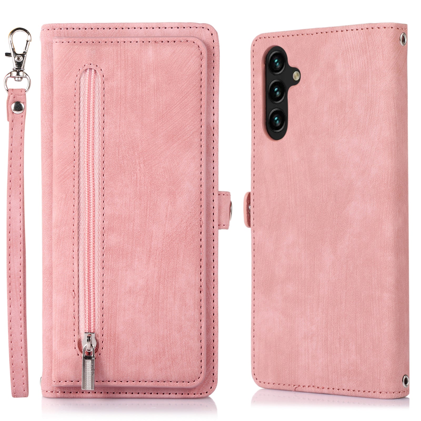 For Samsung Galaxy A14 5G Zipper Pocket 9 Card Slots PU Leather Case Phone Stand Wallet Cover with Wrist Strap