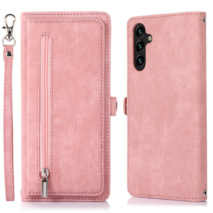 For Samsung Galaxy A14 5G Zipper Pocket 9 Card Slots PU Leather Case Phone Stand Wallet Cover with Wrist Strap