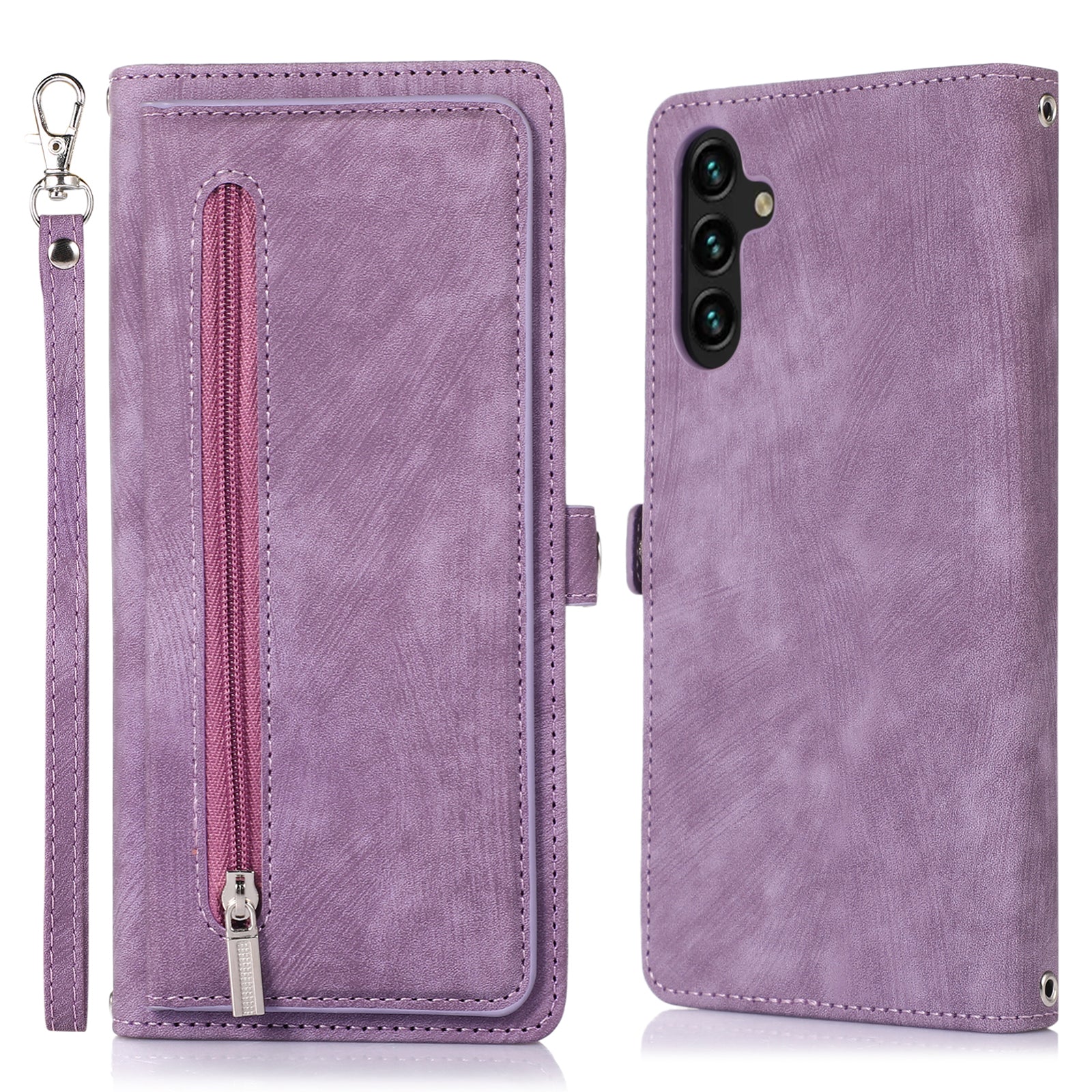 For Samsung Galaxy A14 5G Zipper Pocket 9 Card Slots PU Leather Case Phone Stand Wallet Cover with Wrist Strap