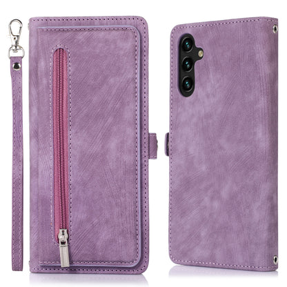 For Samsung Galaxy A14 5G Zipper Pocket 9 Card Slots PU Leather Case Phone Stand Wallet Cover with Wrist Strap
