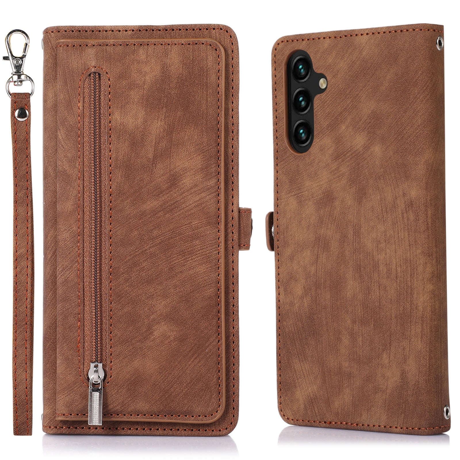 For Samsung Galaxy A14 5G Zipper Pocket 9 Card Slots PU Leather Case Phone Stand Wallet Cover with Wrist Strap