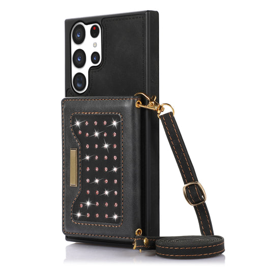 Rhinestone Decor Phone Cover For Samsung Galaxy S23 Ultra, RFID Blocking Anti-shock Phone Case PU Leather + TPU Shell with Lanyard