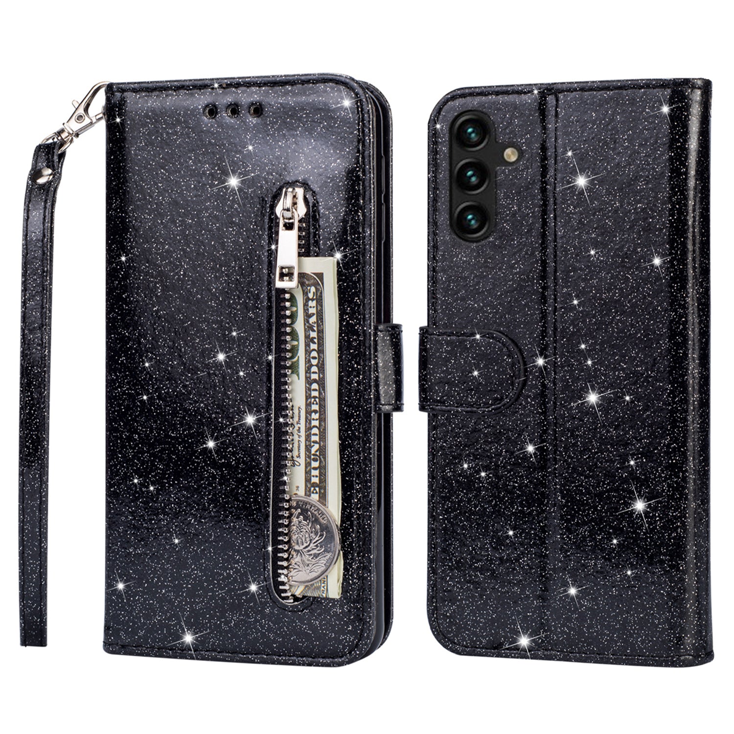 For Samsung Galaxy A14 5G Zipper Pocket Glittery Sequins Phone Cover PU Leather Wallet Stand Anti-scratch Smartphone Case