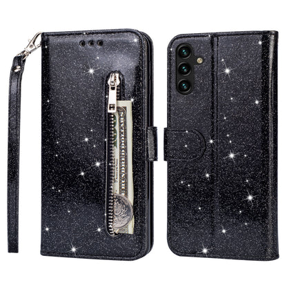 For Samsung Galaxy A14 5G Zipper Pocket Glittery Sequins Phone Cover PU Leather Wallet Stand Anti-scratch Smartphone Case