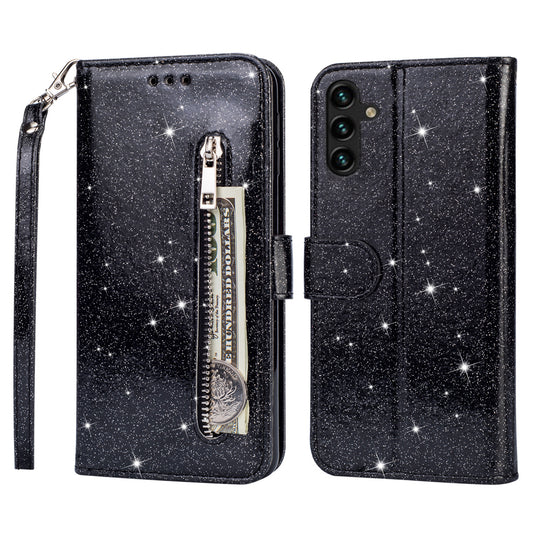 For Samsung Galaxy A14 5G Zipper Pocket Glittery Sequins Phone Cover PU Leather Wallet Stand Anti-scratch Smartphone Case