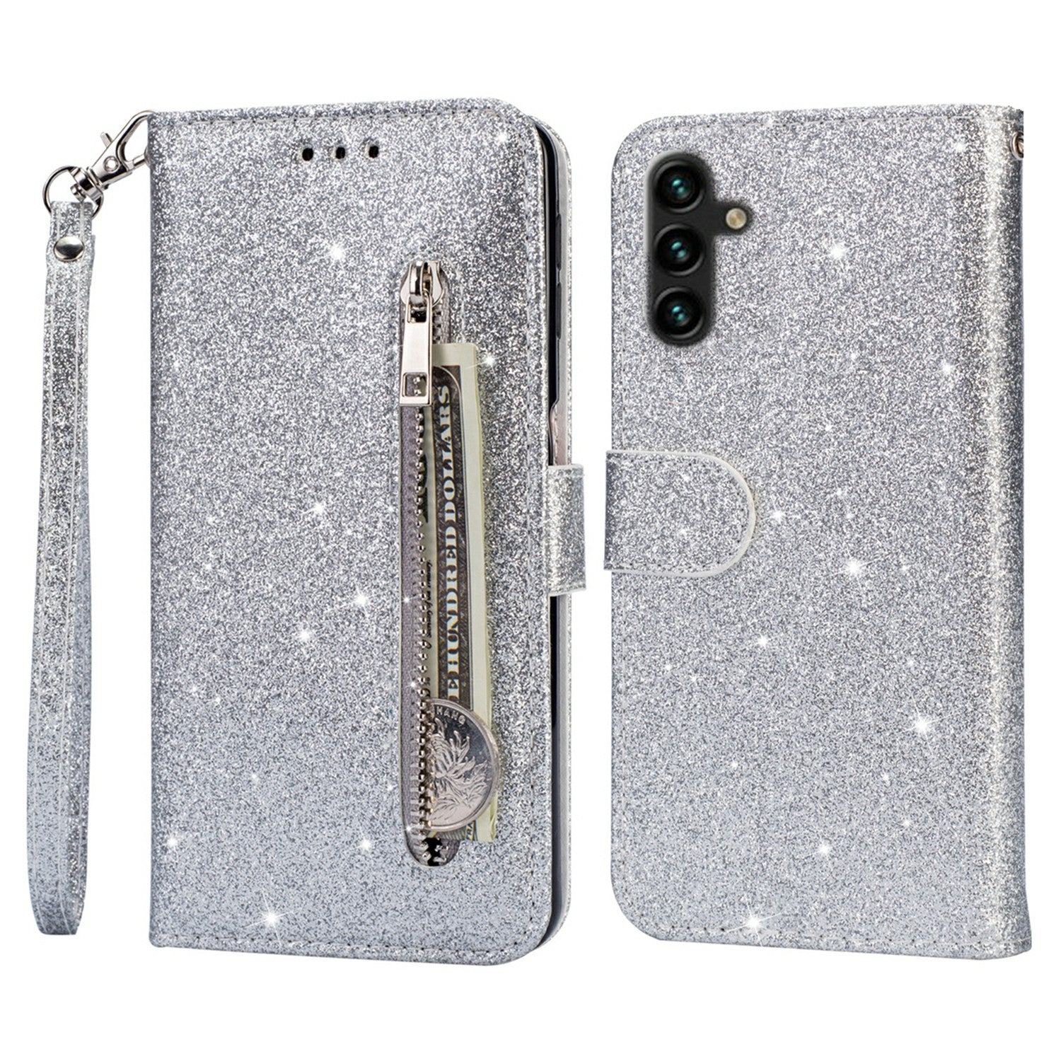 For Samsung Galaxy A14 5G Zipper Pocket Glittery Sequins Phone Cover PU Leather Wallet Stand Anti-scratch Smartphone Case