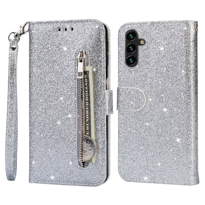 For Samsung Galaxy A14 5G Zipper Pocket Glittery Sequins Phone Cover PU Leather Wallet Stand Anti-scratch Smartphone Case