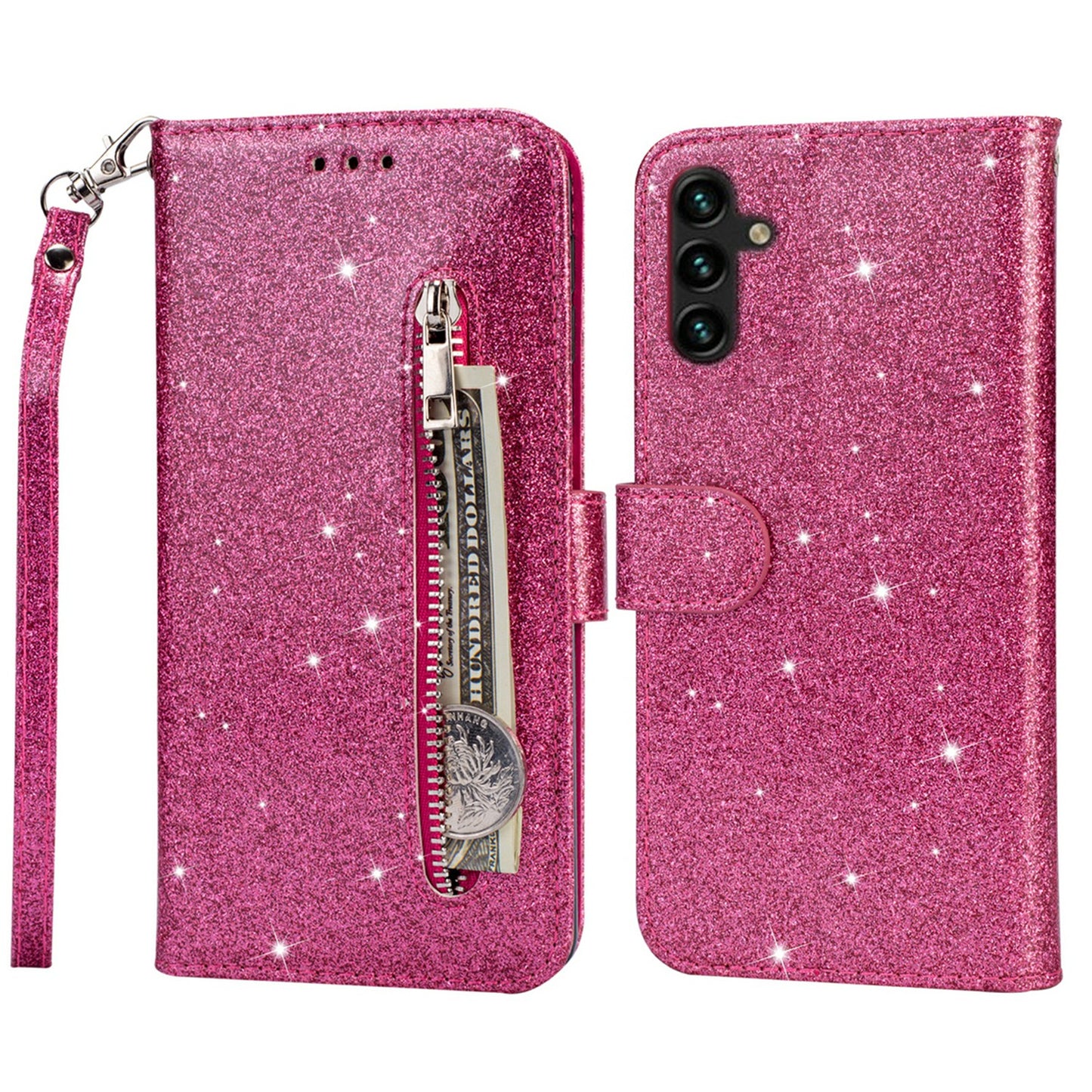 For Samsung Galaxy A14 5G Zipper Pocket Glittery Sequins Phone Cover PU Leather Wallet Stand Anti-scratch Smartphone Case