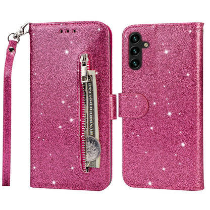 For Samsung Galaxy A14 5G Zipper Pocket Glittery Sequins Phone Cover PU Leather Wallet Stand Anti-scratch Smartphone Case