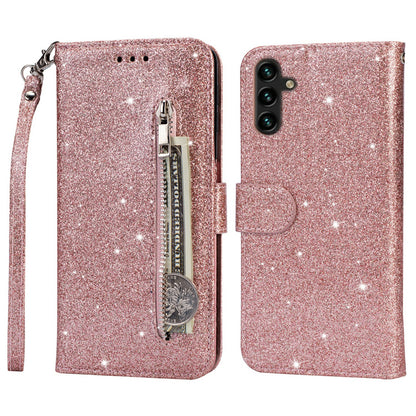 For Samsung Galaxy A14 5G Zipper Pocket Glittery Sequins Phone Cover PU Leather Wallet Stand Anti-scratch Smartphone Case