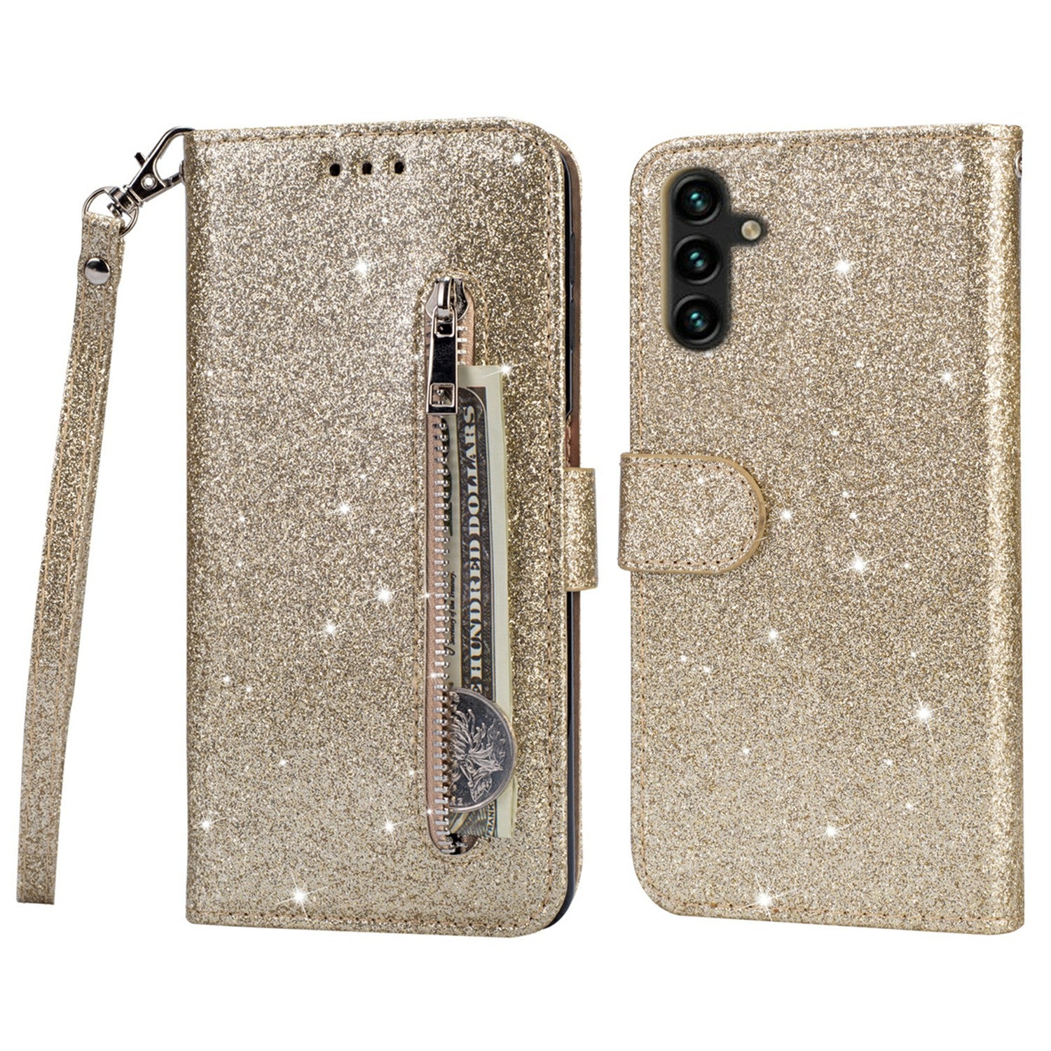 For Samsung Galaxy A14 5G Zipper Pocket Glittery Sequins Phone Cover PU Leather Wallet Stand Anti-scratch Smartphone Case