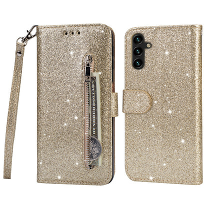 For Samsung Galaxy A14 5G Zipper Pocket Glittery Sequins Phone Cover PU Leather Wallet Stand Anti-scratch Smartphone Case