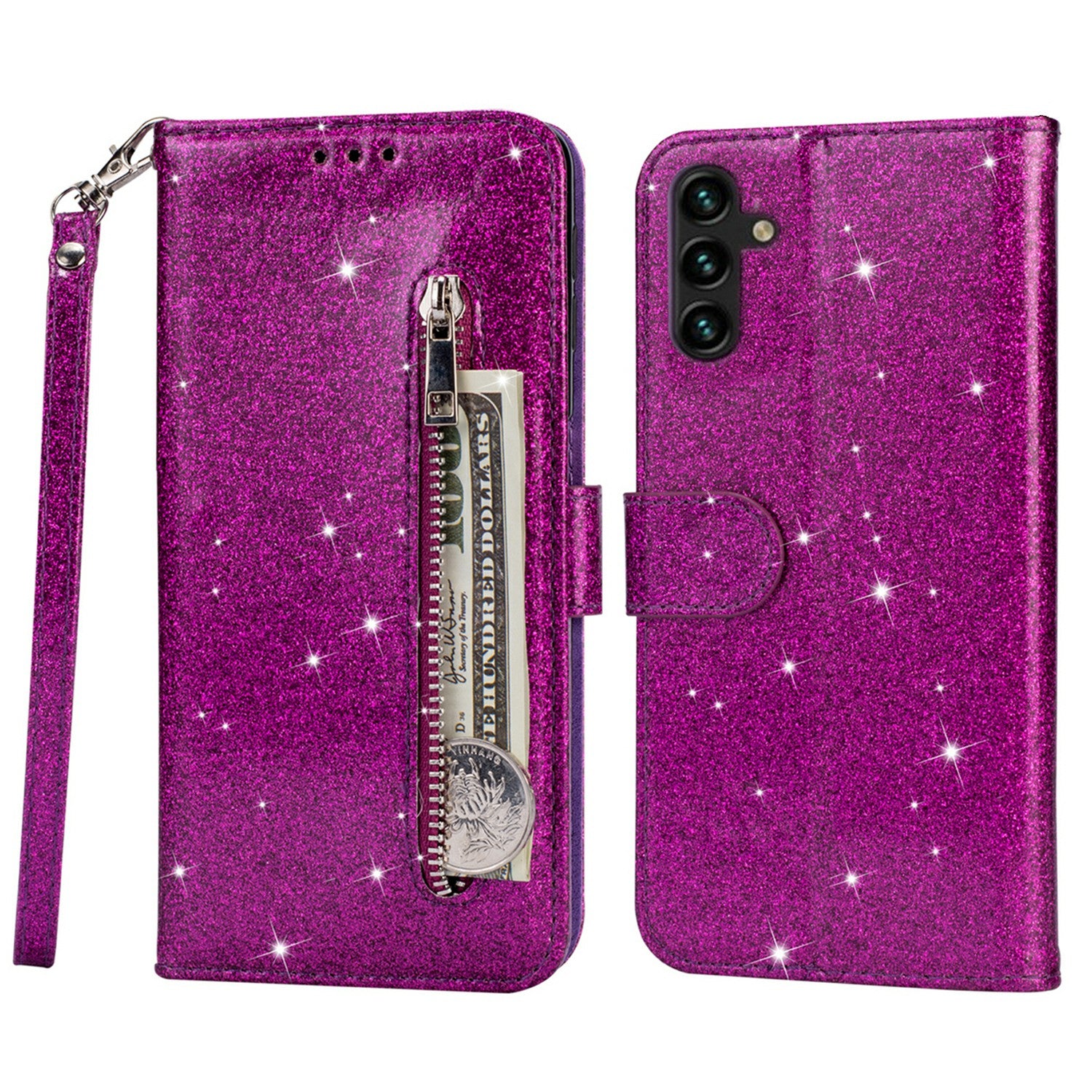 For Samsung Galaxy A14 5G Zipper Pocket Glittery Sequins Phone Cover PU Leather Wallet Stand Anti-scratch Smartphone Case