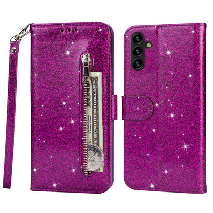 For Samsung Galaxy A14 5G Zipper Pocket Glittery Sequins Phone Cover PU Leather Wallet Stand Anti-scratch Smartphone Case