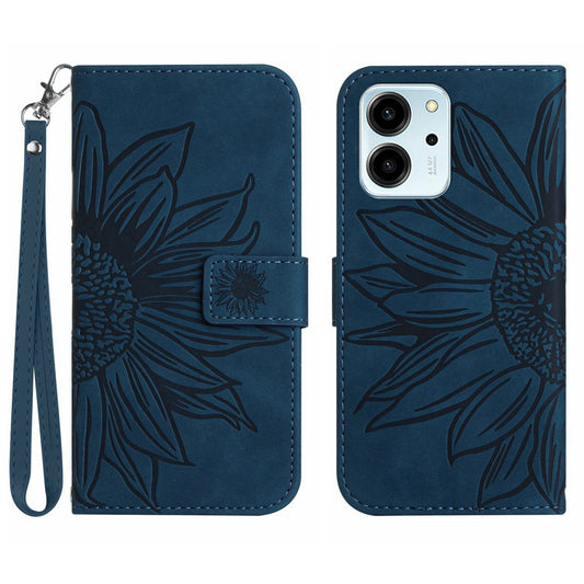 For Honor 80 SE 5G HT04 Sunflower Imprinted Flip Phone Case Skin-Touch PU Leather Stand Anti-scratch Cell Phone Wallet Cover with Hand Strap