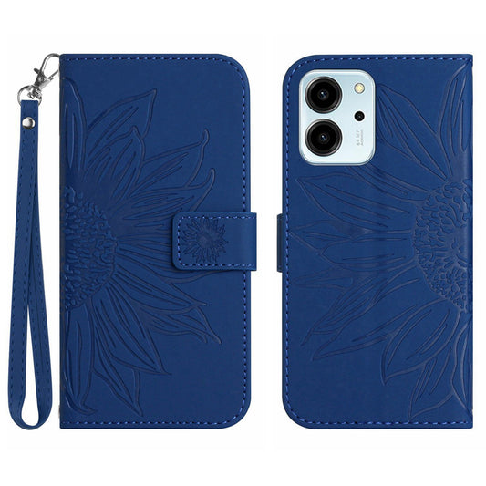 For Honor 80 SE 5G HT04 Sunflower Imprinted Flip Phone Case Skin-Touch PU Leather Stand Anti-scratch Cell Phone Wallet Cover with Hand Strap