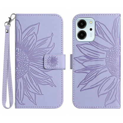 For Honor 80 SE 5G HT04 Sunflower Imprinted Flip Phone Case Skin-Touch PU Leather Stand Anti-scratch Cell Phone Wallet Cover with Hand Strap