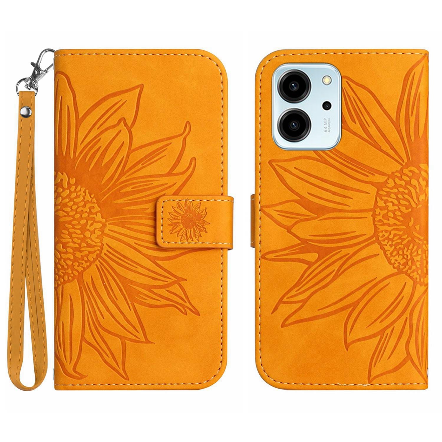 For Honor 80 SE 5G HT04 Sunflower Imprinted Flip Phone Case Skin-Touch PU Leather Stand Anti-scratch Cell Phone Wallet Cover with Hand Strap