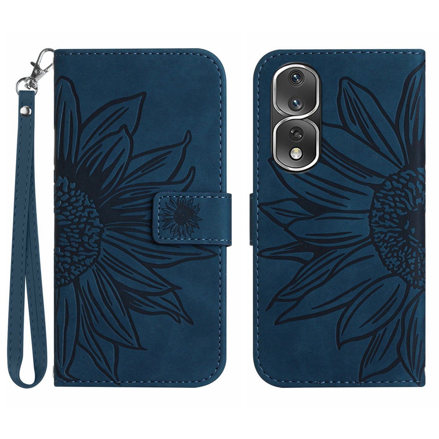 For Honor 80 Pro 5G HT04 Sunflower Imprinted Drop-proof Phone Wallet Case Stand Skin-Touch Feeling PU Leather Phone Cover with Hand Strap
