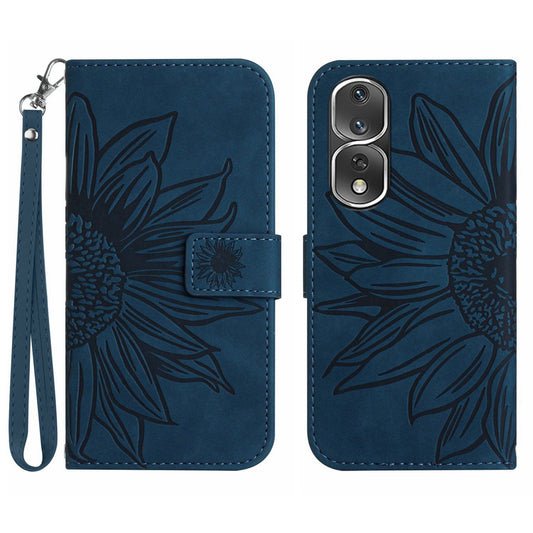 For Honor 80 Pro 5G HT04 Sunflower Imprinted Drop-proof Phone Wallet Case Stand Skin-Touch Feeling PU Leather Phone Cover with Hand Strap