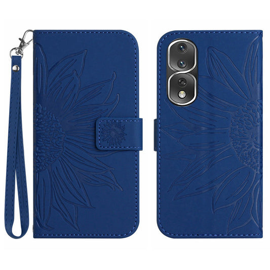 For Honor 80 Pro 5G HT04 Sunflower Imprinted Drop-proof Phone Wallet Case Stand Skin-Touch Feeling PU Leather Phone Cover with Hand Strap