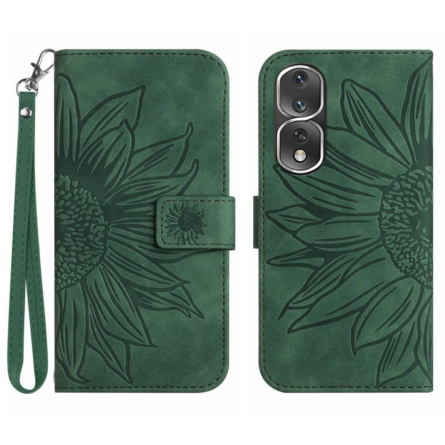 For Honor 80 Pro 5G HT04 Sunflower Imprinted Drop-proof Phone Wallet Case Stand Skin-Touch Feeling PU Leather Phone Cover with Hand Strap