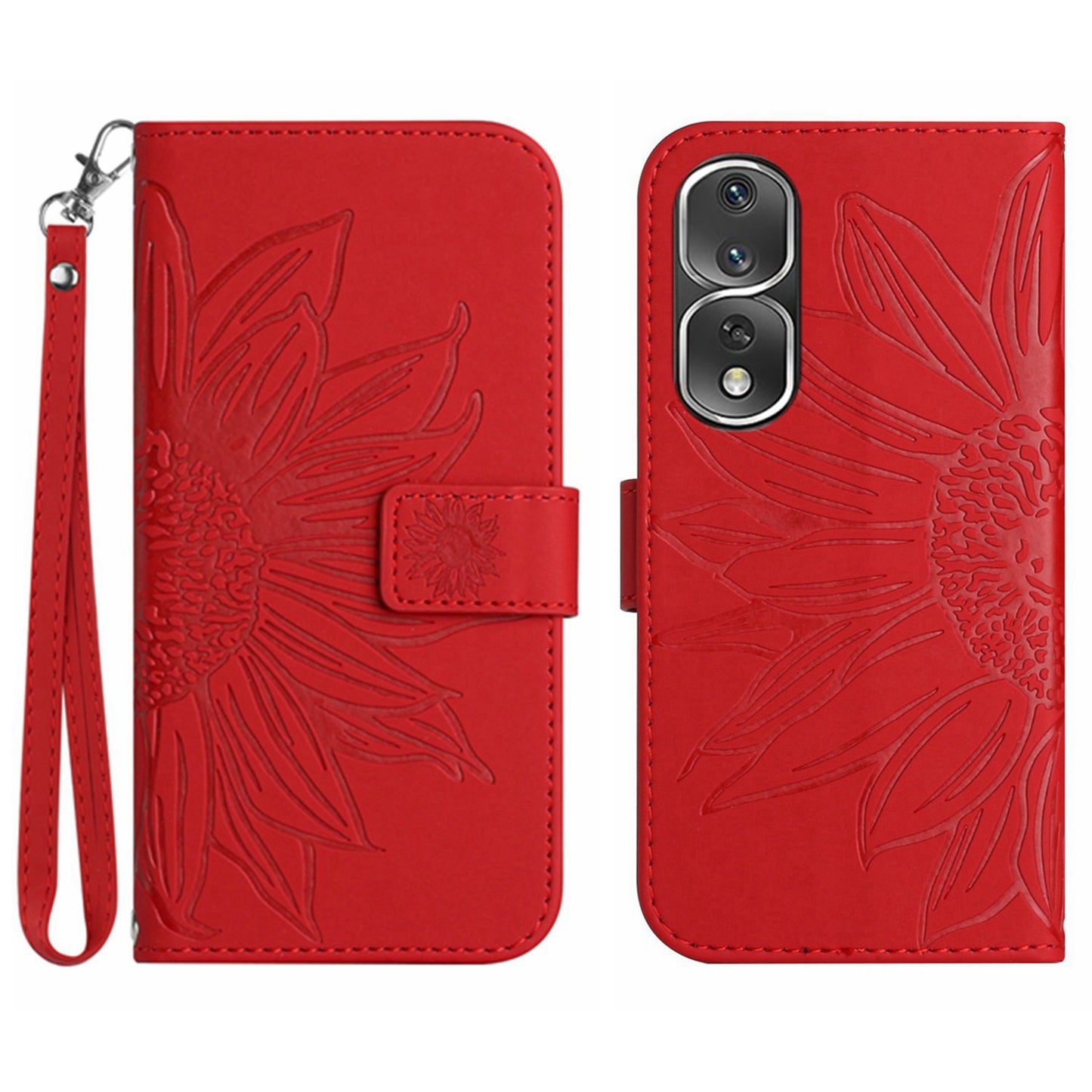 For Honor 80 Pro 5G HT04 Sunflower Imprinted Drop-proof Phone Wallet Case Stand Skin-Touch Feeling PU Leather Phone Cover with Hand Strap
