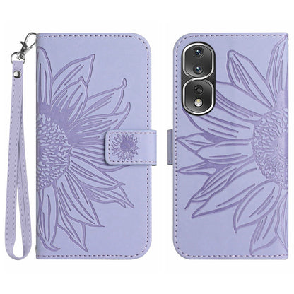 For Honor 80 Pro 5G HT04 Sunflower Imprinted Drop-proof Phone Wallet Case Stand Skin-Touch Feeling PU Leather Phone Cover with Hand Strap