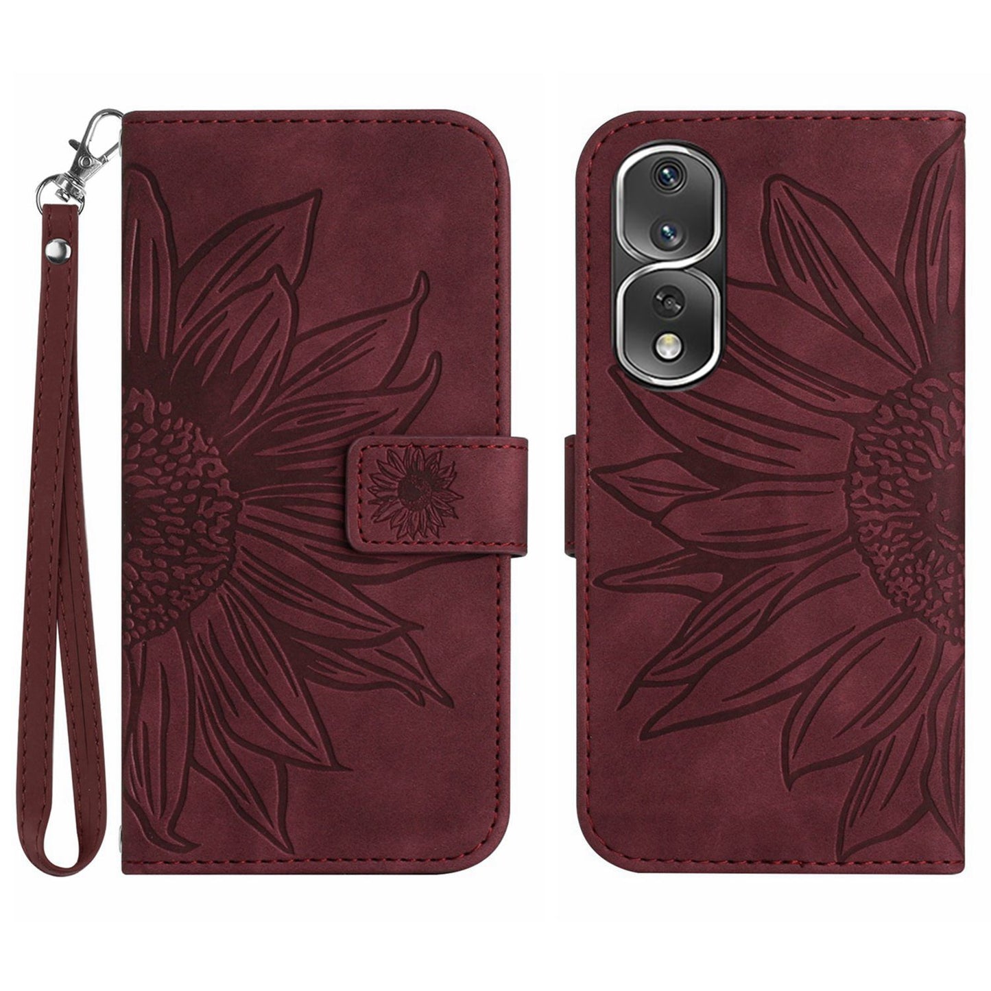 For Honor 80 Pro 5G HT04 Sunflower Imprinted Drop-proof Phone Wallet Case Stand Skin-Touch Feeling PU Leather Phone Cover with Hand Strap