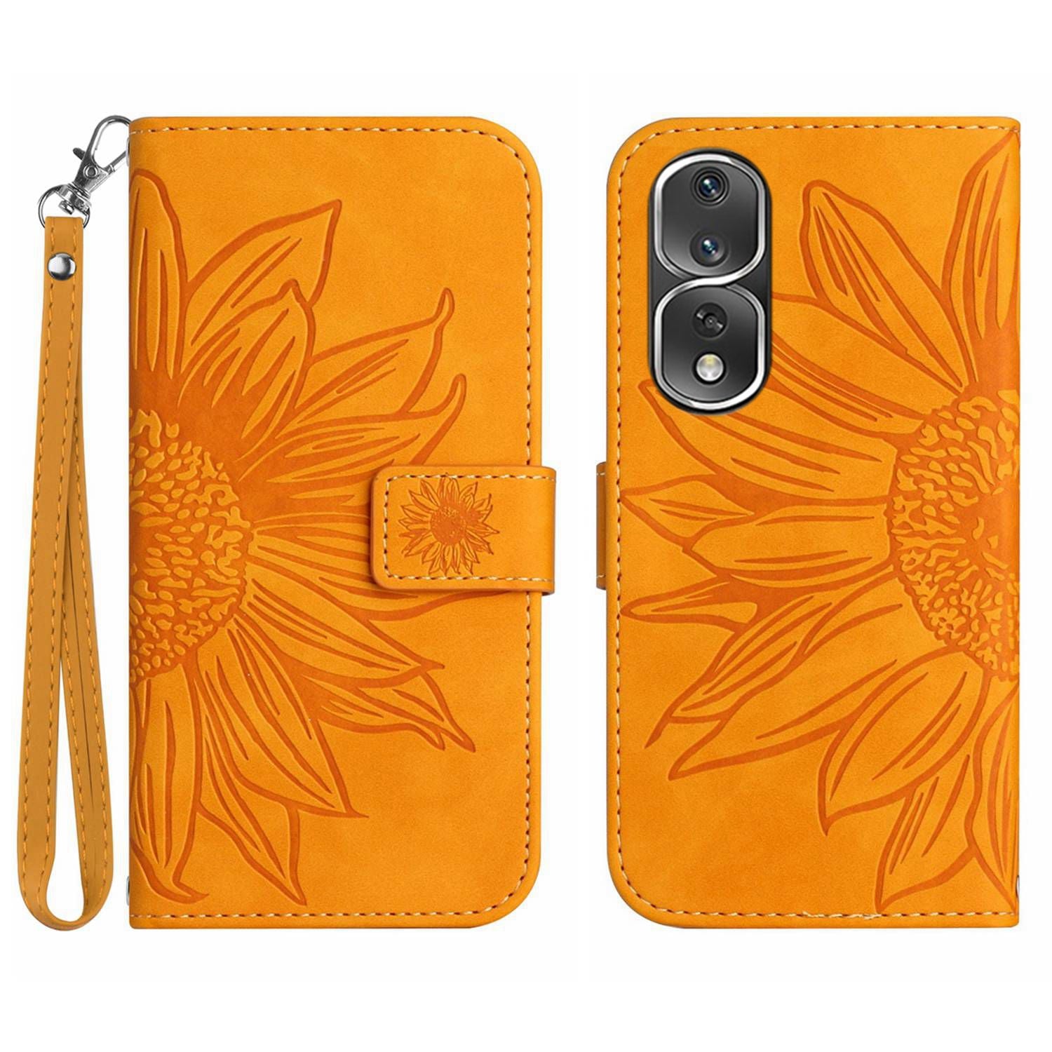 For Honor 80 Pro 5G HT04 Sunflower Imprinted Drop-proof Phone Wallet Case Stand Skin-Touch Feeling PU Leather Phone Cover with Hand Strap
