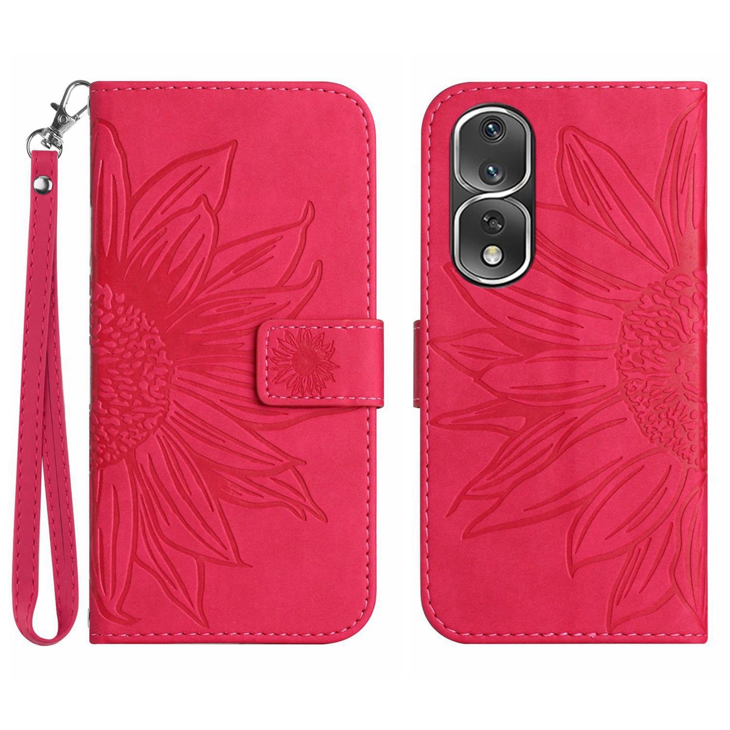 For Honor 80 Pro 5G HT04 Sunflower Imprinted Drop-proof Phone Wallet Case Stand Skin-Touch Feeling PU Leather Phone Cover with Hand Strap