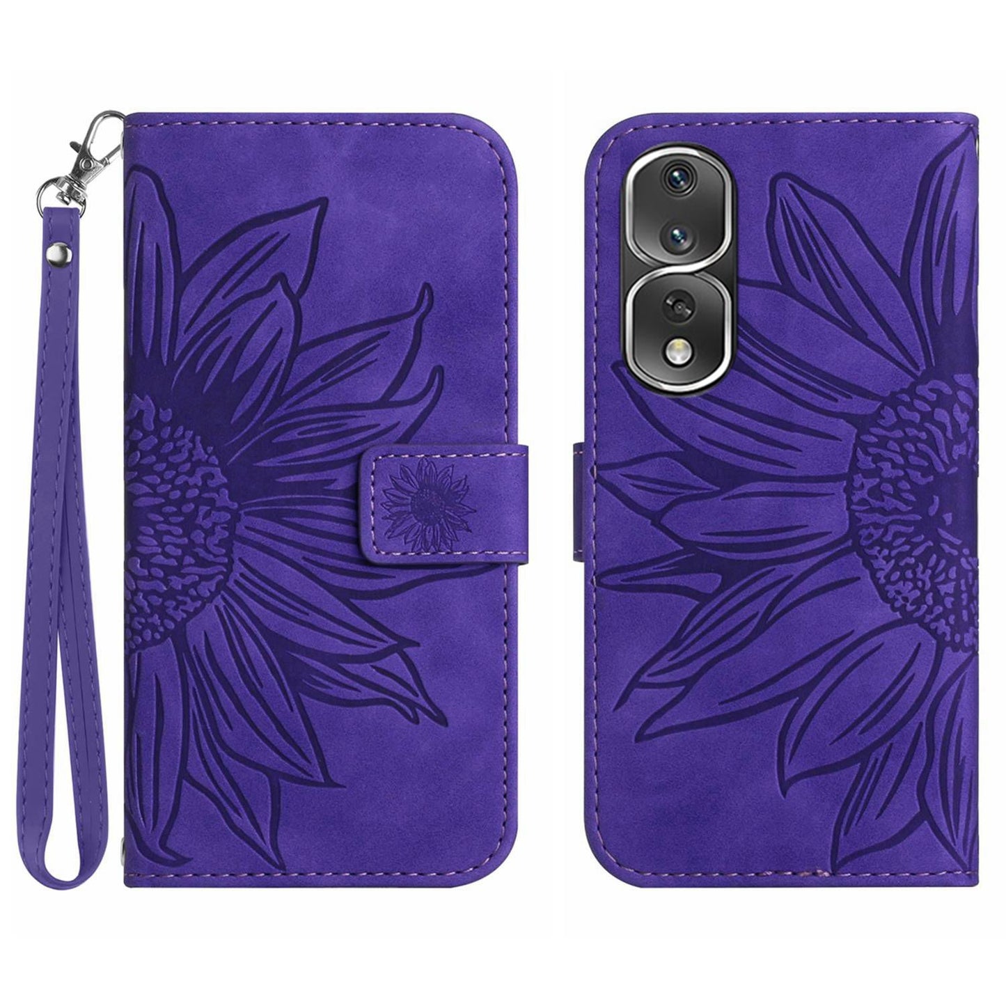 For Honor 80 Pro 5G HT04 Sunflower Imprinted Drop-proof Phone Wallet Case Stand Skin-Touch Feeling PU Leather Phone Cover with Hand Strap
