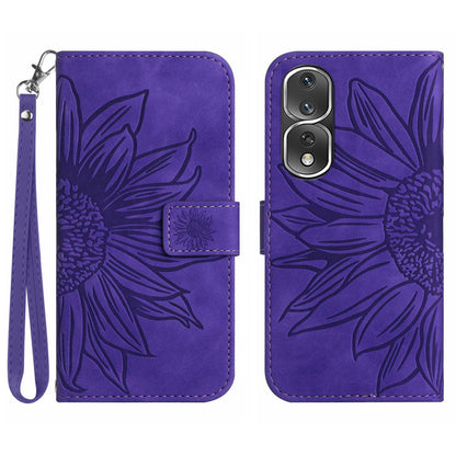 For Honor 80 Pro 5G HT04 Sunflower Imprinted Drop-proof Phone Wallet Case Stand Skin-Touch Feeling PU Leather Phone Cover with Hand Strap
