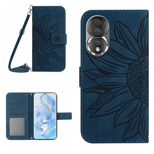 For Honor 80 5G HT04 Protective Flip Phone Wallet Cover PU Leather Sunflower Imprinted Stand Skin-touch Feeling Phone Case with Shoulder Strap