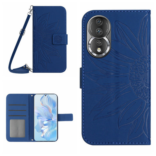For Honor 80 5G HT04 Protective Flip Phone Wallet Cover PU Leather Sunflower Imprinted Stand Skin-touch Feeling Phone Case with Shoulder Strap