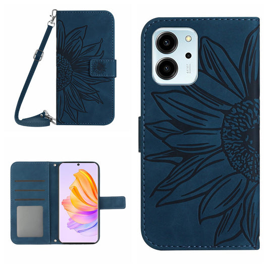 For Honor 80 SE 5G HT04 Phone Cover PU Leather Sunflower Imprinted Viewing Stand Wallet Skin-touch Feeling Phone Case with Shoulder Strap