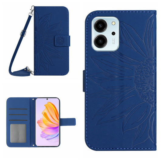 For Honor 80 SE 5G HT04 Phone Cover PU Leather Sunflower Imprinted Viewing Stand Wallet Skin-touch Feeling Phone Case with Shoulder Strap