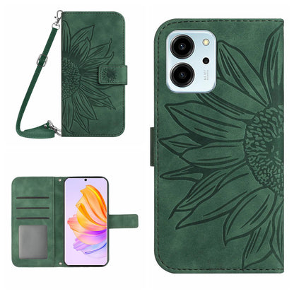 For Honor 80 SE 5G HT04 Phone Cover PU Leather Sunflower Imprinted Viewing Stand Wallet Skin-touch Feeling Phone Case with Shoulder Strap