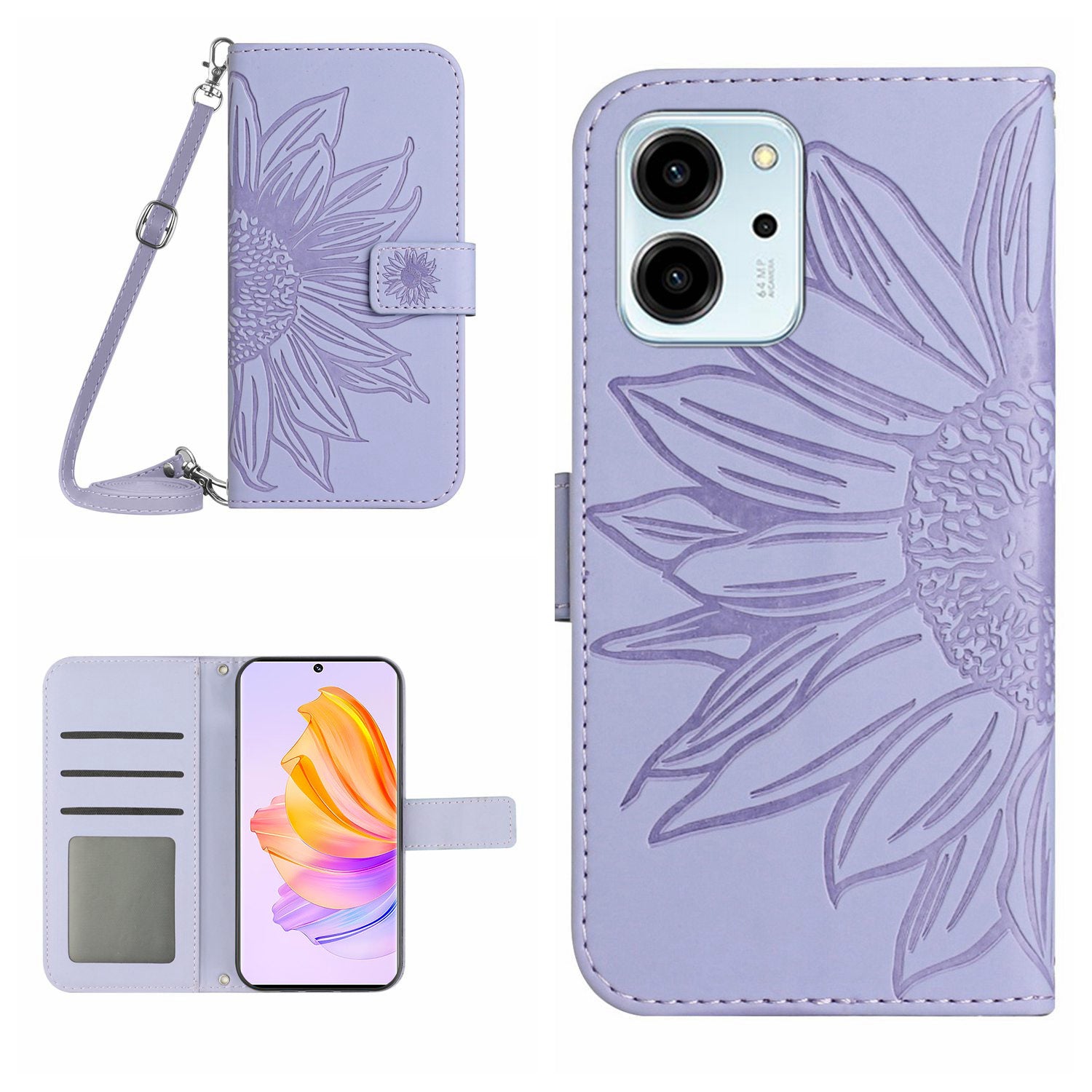 For Honor 80 SE 5G HT04 Phone Cover PU Leather Sunflower Imprinted Viewing Stand Wallet Skin-touch Feeling Phone Case with Shoulder Strap
