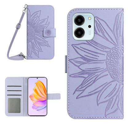 For Honor 80 SE 5G HT04 Phone Cover PU Leather Sunflower Imprinted Viewing Stand Wallet Skin-touch Feeling Phone Case with Shoulder Strap