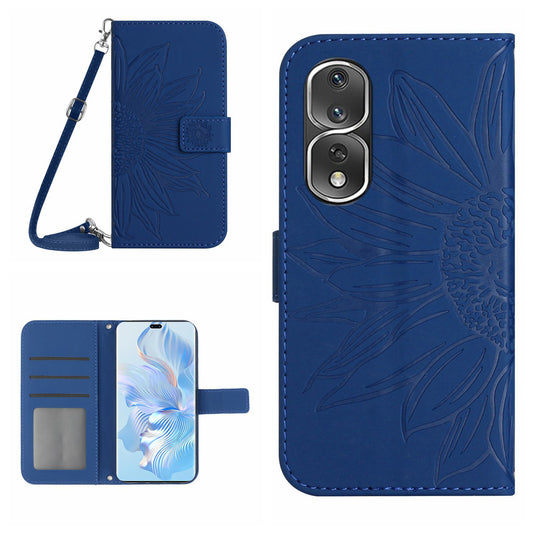 For Honor 80 Pro 5G HT04 Phone Cover PU Leather Sunflower Imprinted Adjustable Stand Wallet Skin-touch Feeling Phone Case with Shoulder Strap