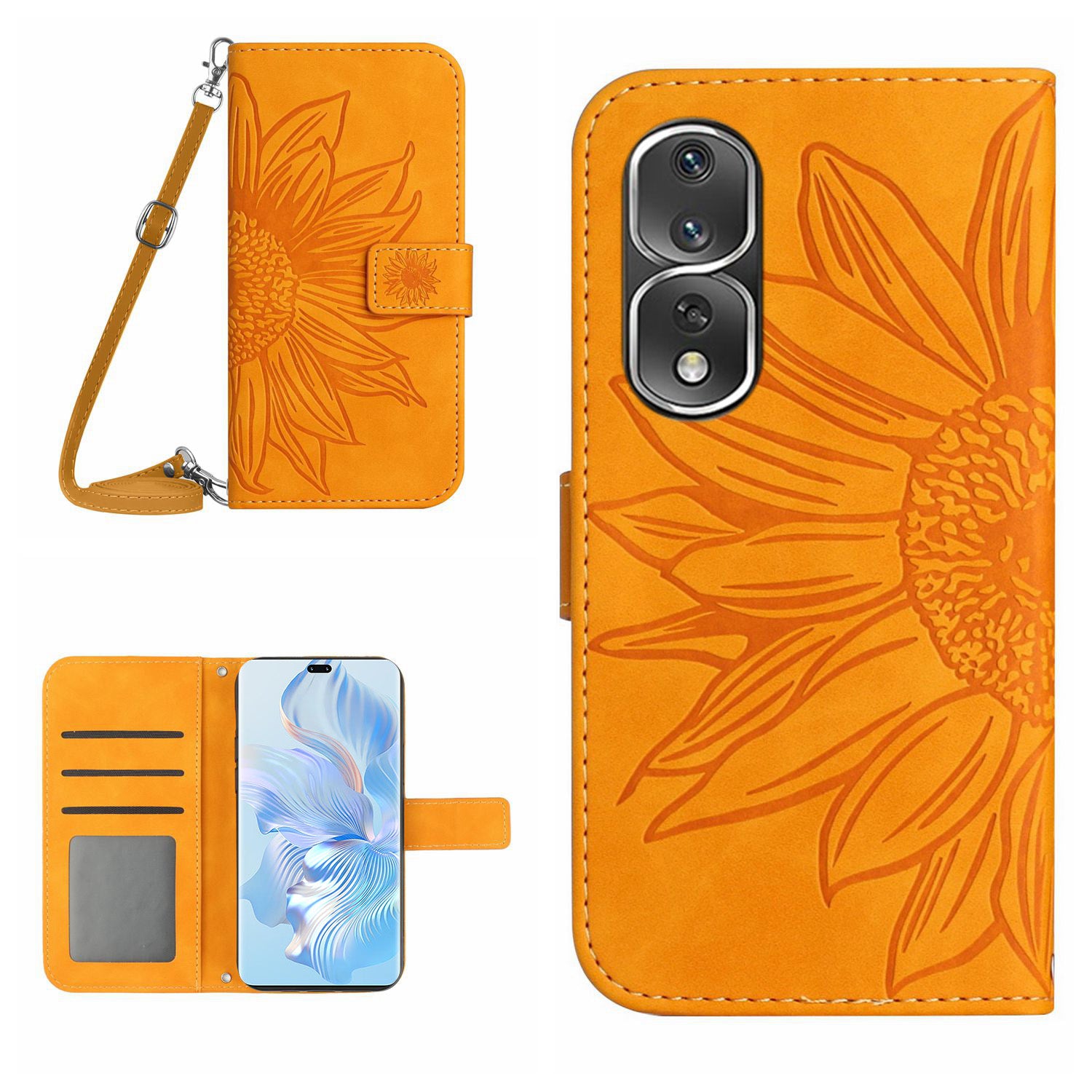 For Honor 80 Pro 5G HT04 Phone Cover PU Leather Sunflower Imprinted Adjustable Stand Wallet Skin-touch Feeling Phone Case with Shoulder Strap