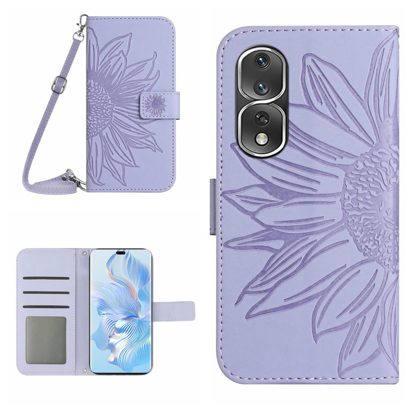 For Honor 80 Pro 5G HT04 Phone Cover PU Leather Sunflower Imprinted Adjustable Stand Wallet Skin-touch Feeling Phone Case with Shoulder Strap