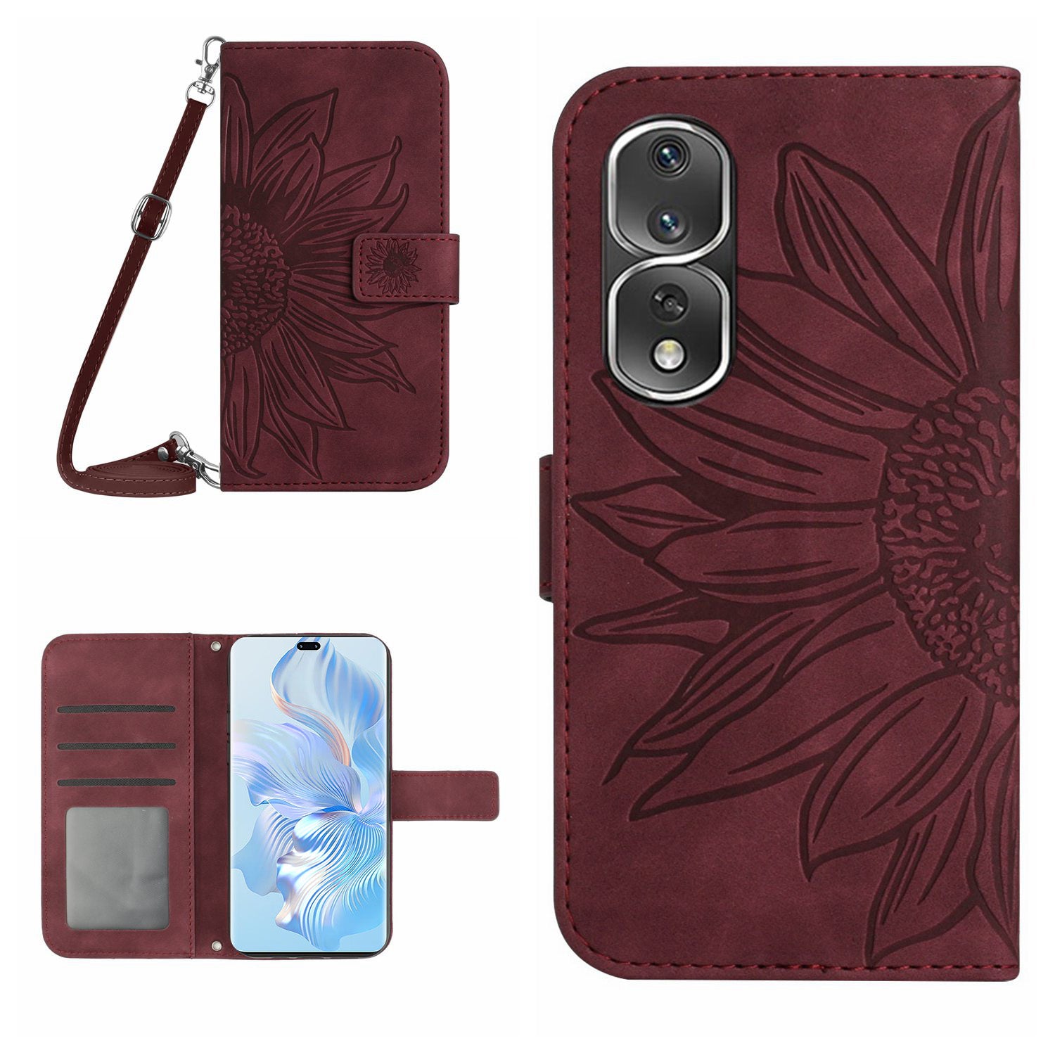 For Honor 80 Pro 5G HT04 Phone Cover PU Leather Sunflower Imprinted Adjustable Stand Wallet Skin-touch Feeling Phone Case with Shoulder Strap