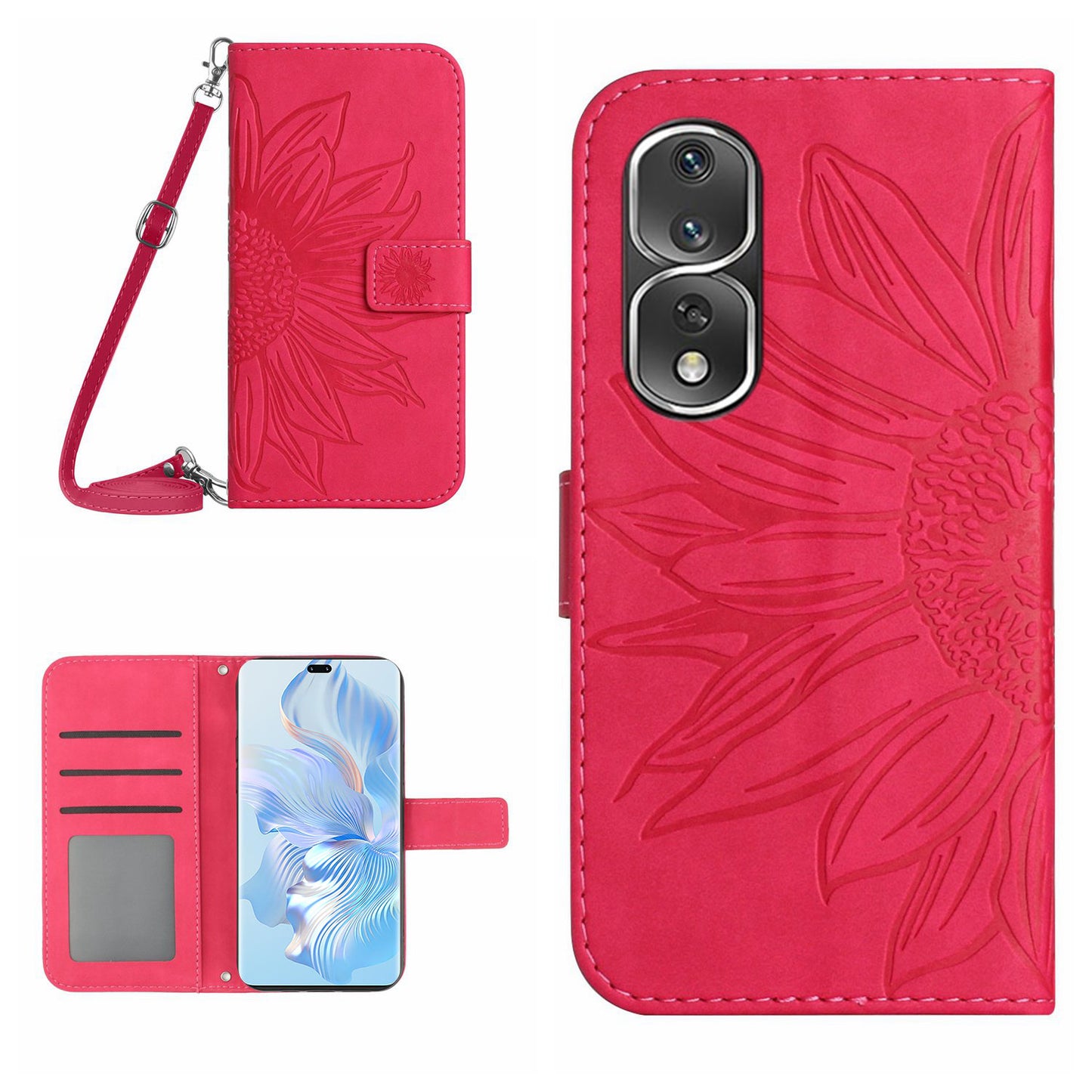 For Honor 80 Pro 5G HT04 Phone Cover PU Leather Sunflower Imprinted Adjustable Stand Wallet Skin-touch Feeling Phone Case with Shoulder Strap