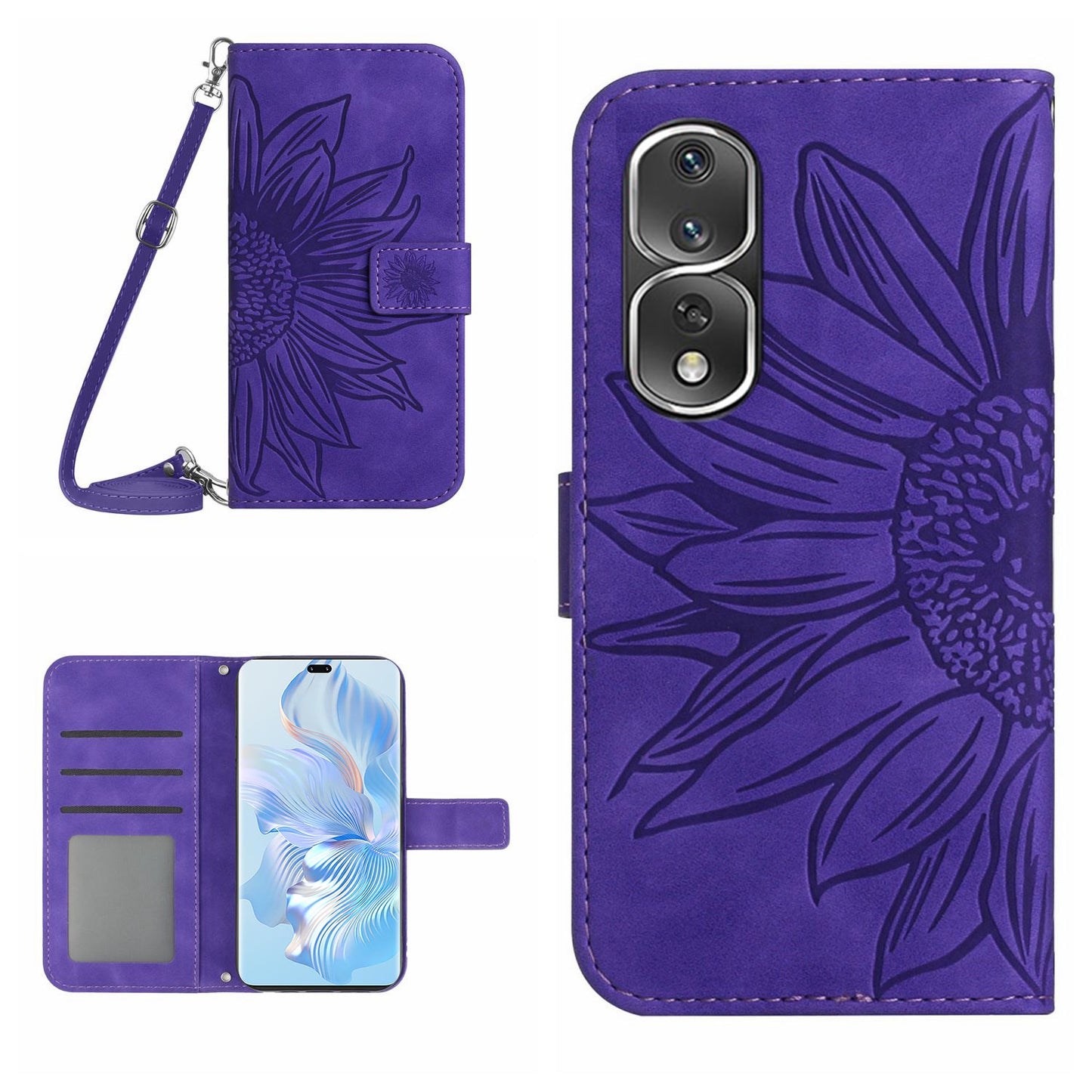 For Honor 80 Pro 5G HT04 Phone Cover PU Leather Sunflower Imprinted Adjustable Stand Wallet Skin-touch Feeling Phone Case with Shoulder Strap