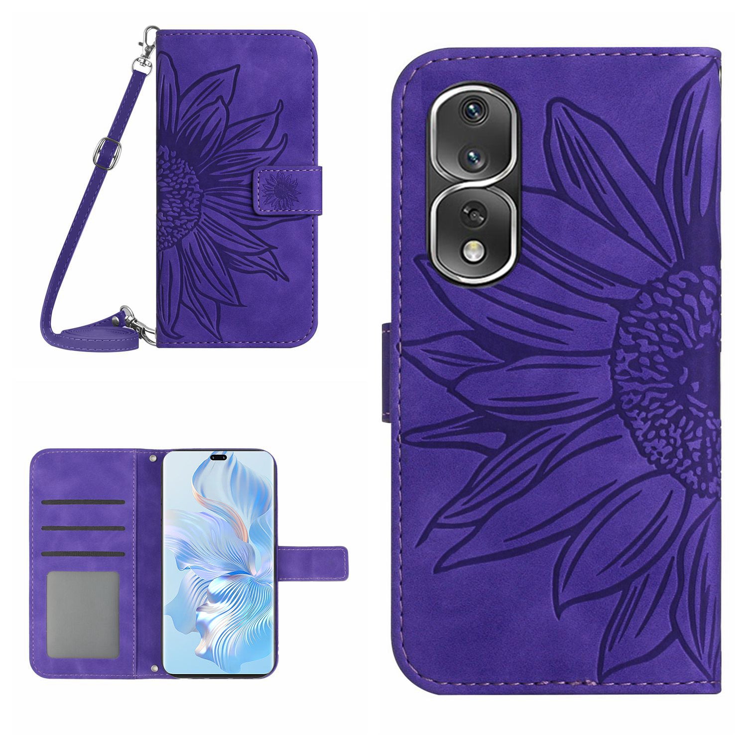 For Honor 80 Pro 5G HT04 Phone Cover PU Leather Sunflower Imprinted Adjustable Stand Wallet Skin-touch Feeling Phone Case with Shoulder Strap