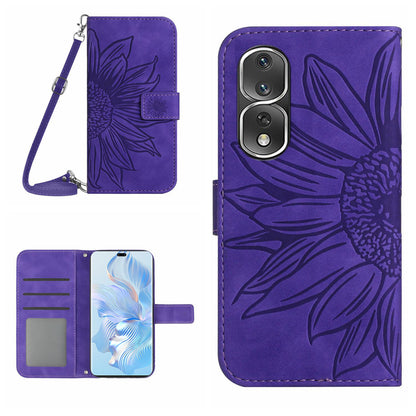 For Honor 80 Pro 5G HT04 Phone Cover PU Leather Sunflower Imprinted Adjustable Stand Wallet Skin-touch Feeling Phone Case with Shoulder Strap