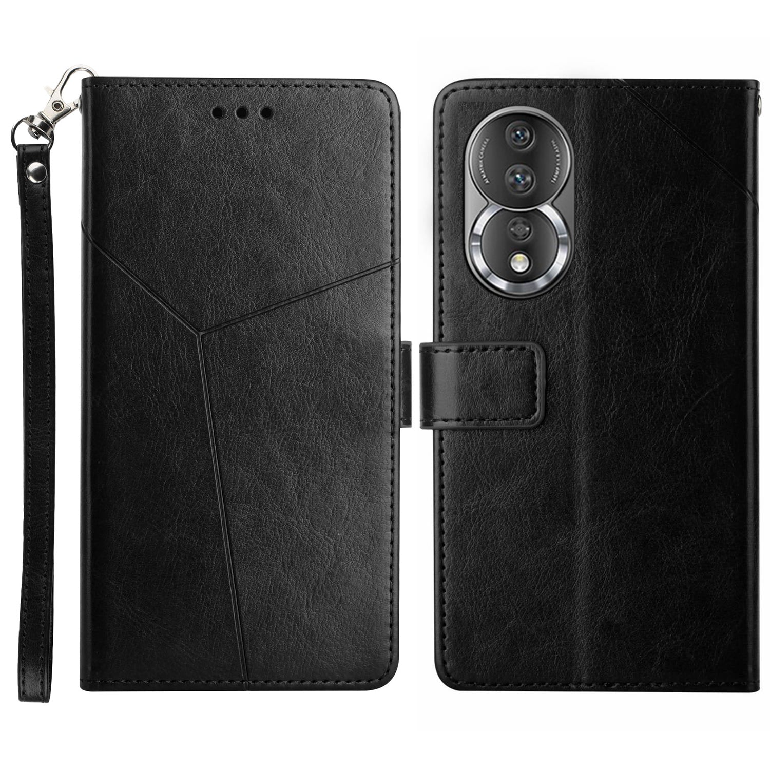 HT01 PU Leather Flip Phone Cover for Honor 80 5G, Imprinted Y-Shaped Lines Phone Case Wallet Foldable Stand Shell with Strap