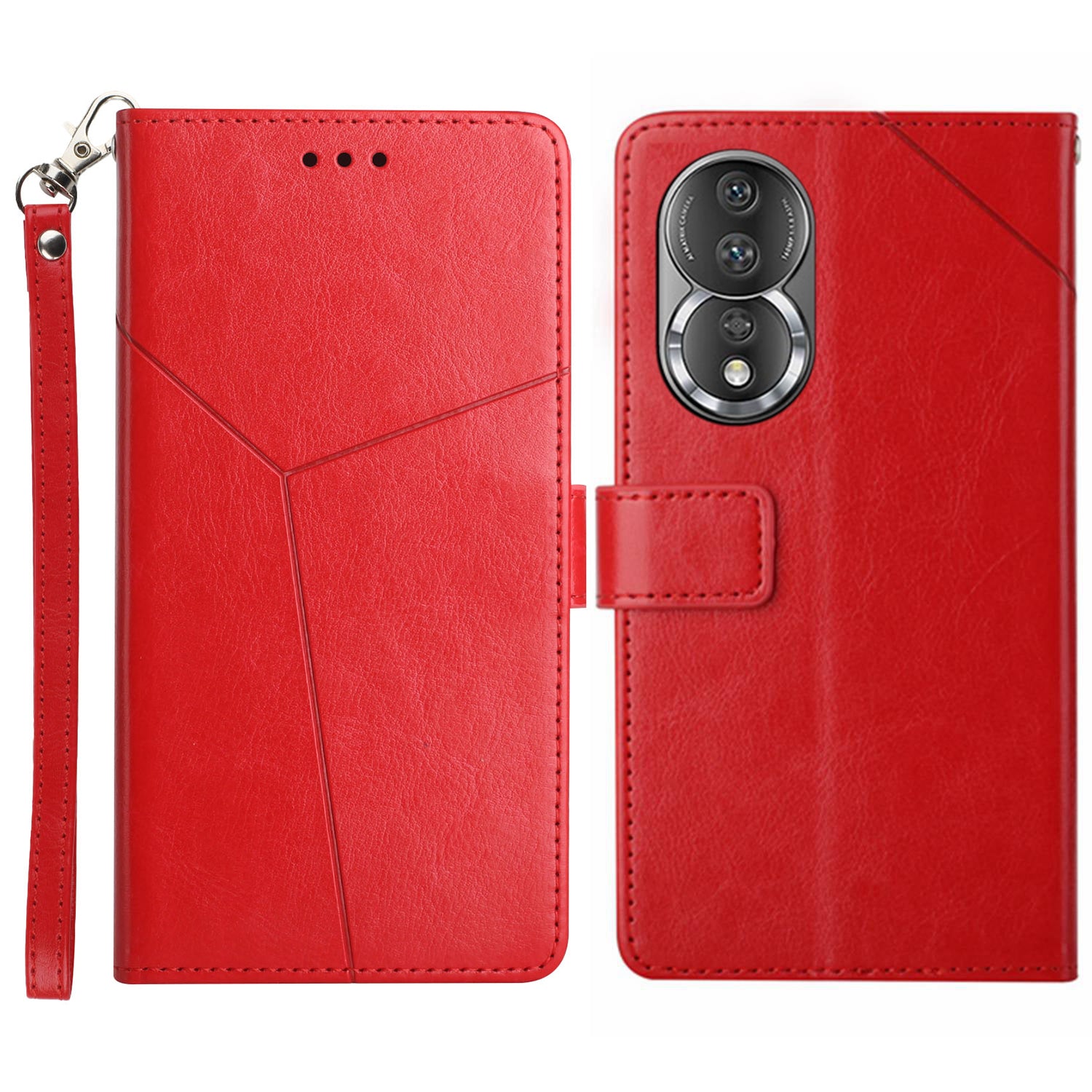 HT01 PU Leather Flip Phone Cover for Honor 80 5G, Imprinted Y-Shaped Lines Phone Case Wallet Foldable Stand Shell with Strap